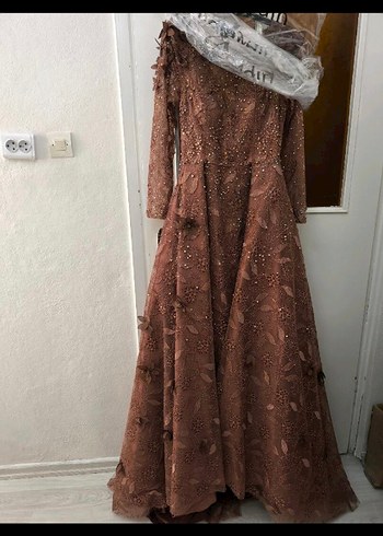 Kahverengi V Yaka Uzun Kollu Kadın Abiye - Görsel 6