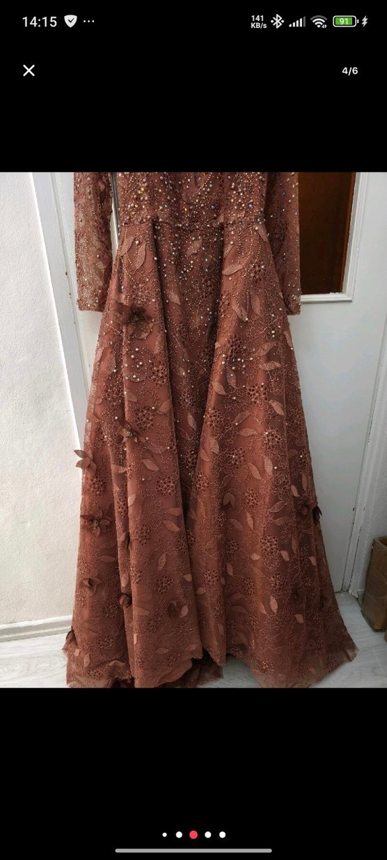 Kahverengi V Yaka Uzun Kollu Kadın Abiye - Görsel 3