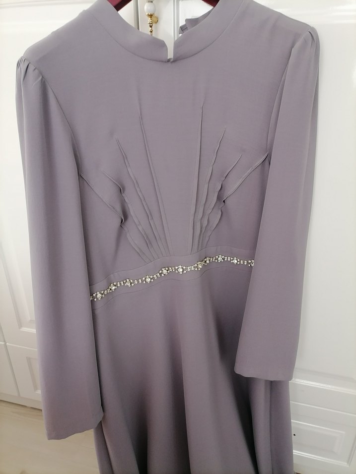 Gri Uzun Kollu  Abiye Elbise - Görsel 2