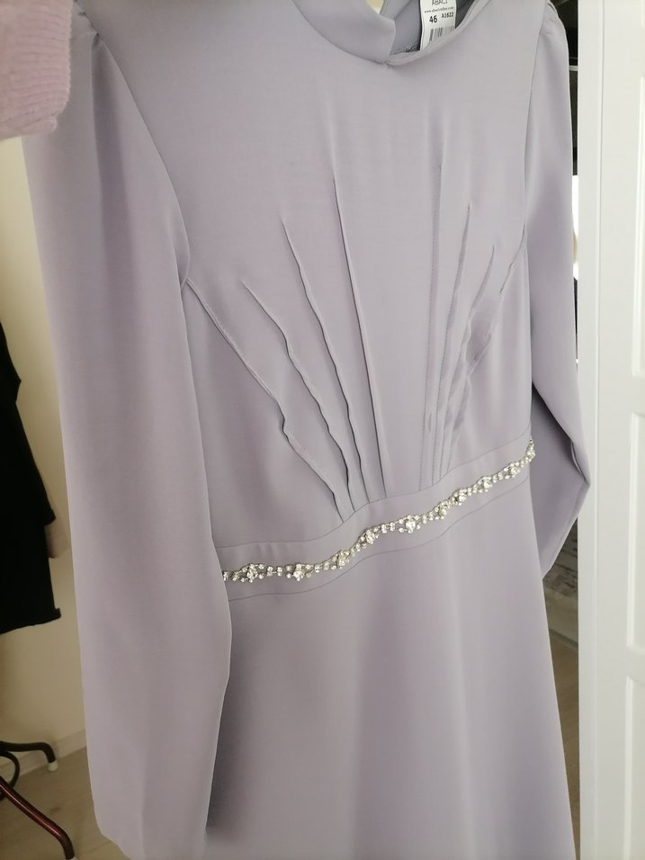 Gri Uzun Kollu  Abiye Elbise - Görsel 5