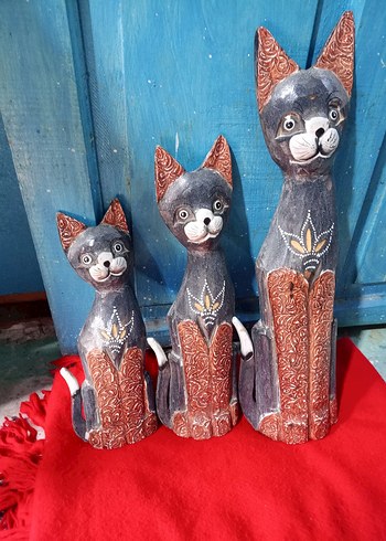 El Yapımı Gri Kedi Figürleri Seti 3 lü ahşap - Görsel 2