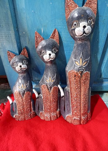 El Yapımı Gri Kedi Figürleri Seti 3 lü ahşap - Görsel 4