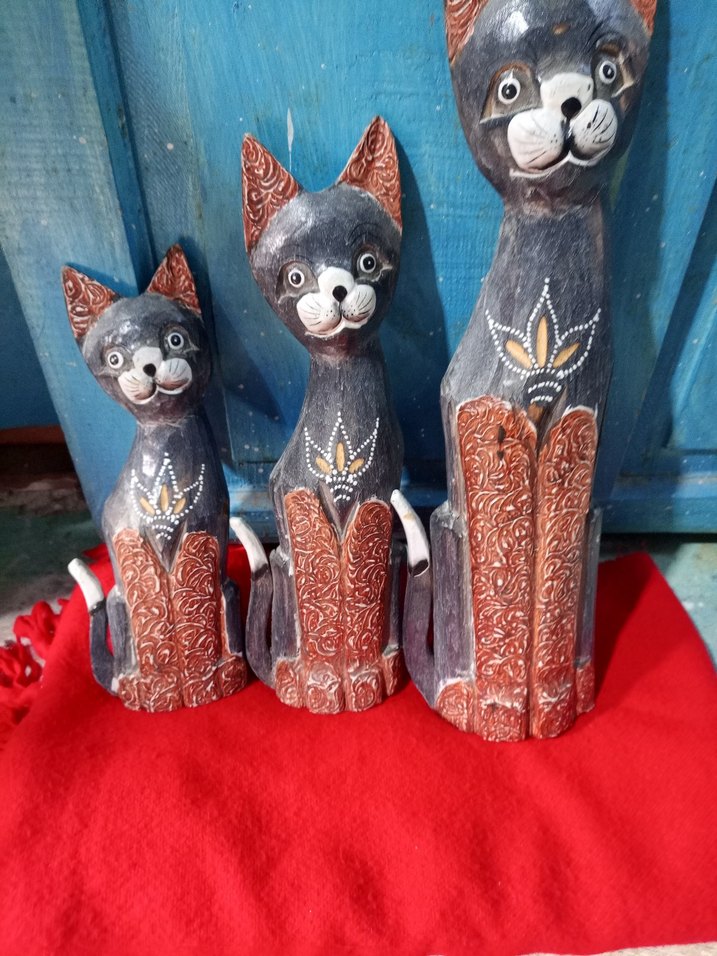 El Yapımı Gri Kedi Figürleri Seti 3 lü ahşap - Görsel 5