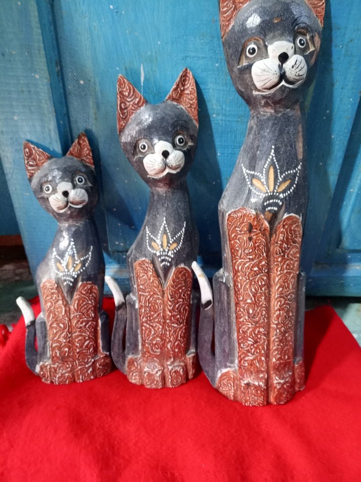 El Yapımı Gri Kedi Figürleri Seti 3 lü ahşap - Görsel 3