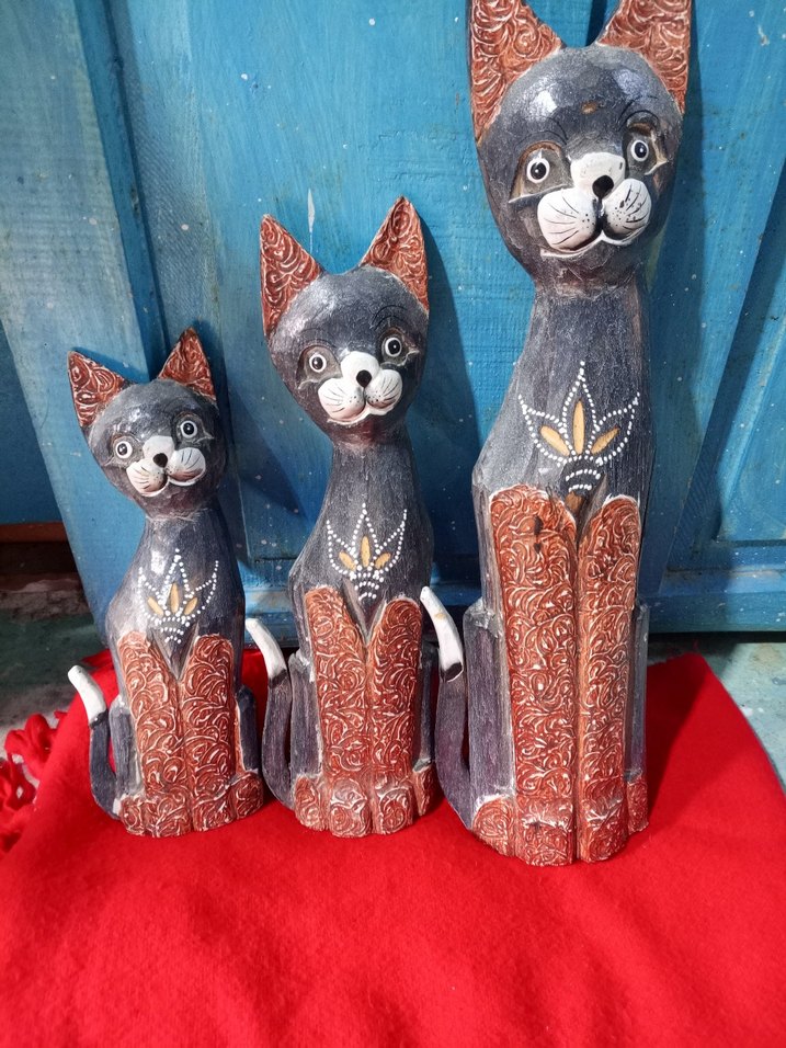 El Yapımı Gri Kedi Figürleri Seti 3 lü ahşap - Görsel 4