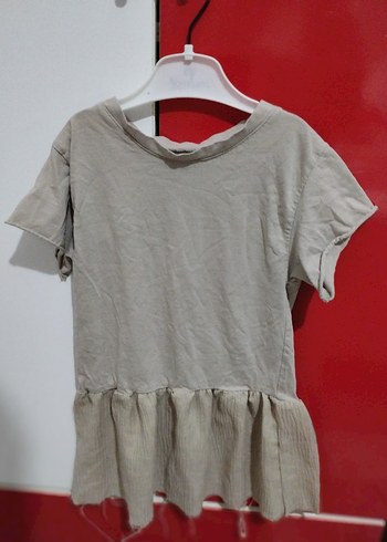 JOLLYPOP Kız Keten Kısa Kollu Gri Bej Tişört - Görsel 2