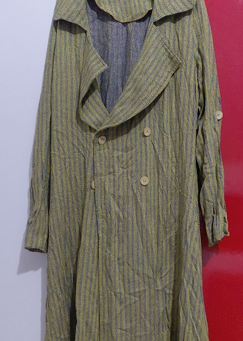 Kadın Haki Uzun Keten Palto - Görsel 2
