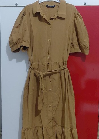 Düğmeli Bej Midi Rahat Elbise - Görsel 4