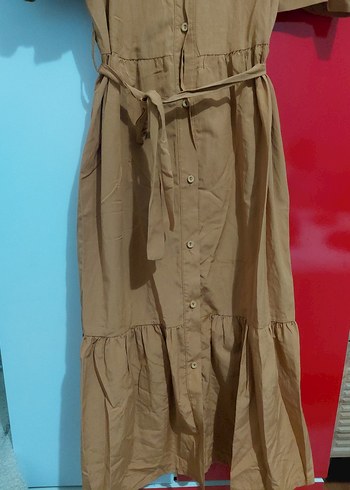 Düğmeli Bej Midi Rahat Elbise - Görsel 3