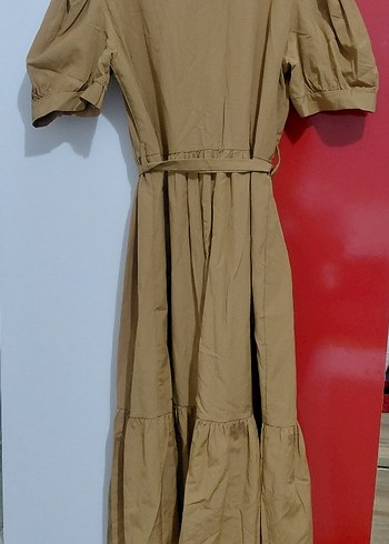 Düğmeli Bej Midi Rahat Elbise - Görsel 5