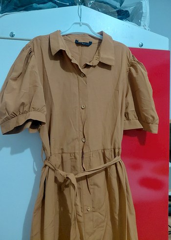 Düğmeli Bej Midi Rahat Elbise - Görsel 2