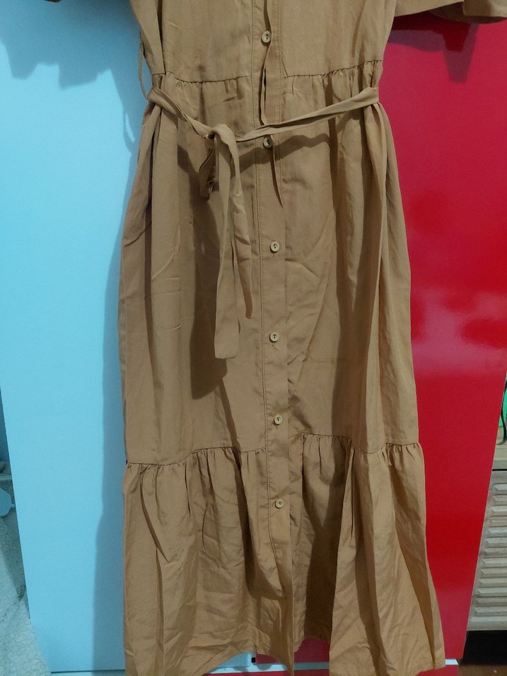 Düğmeli Bej Midi Rahat Elbise - Görsel 3