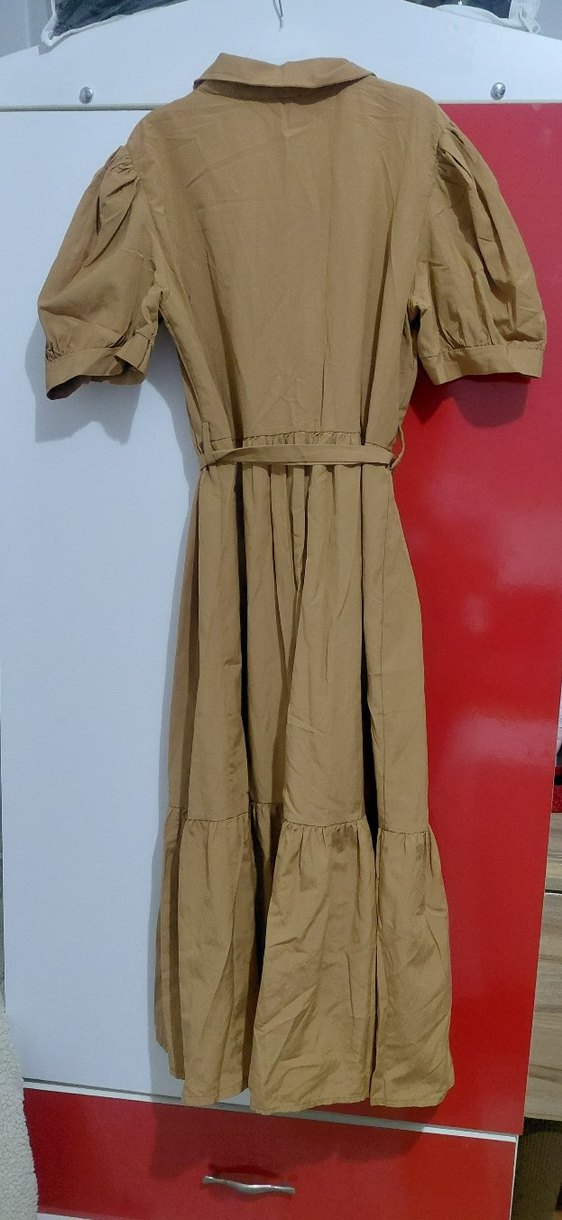 Düğmeli Bej Midi Rahat Elbise - Görsel 5