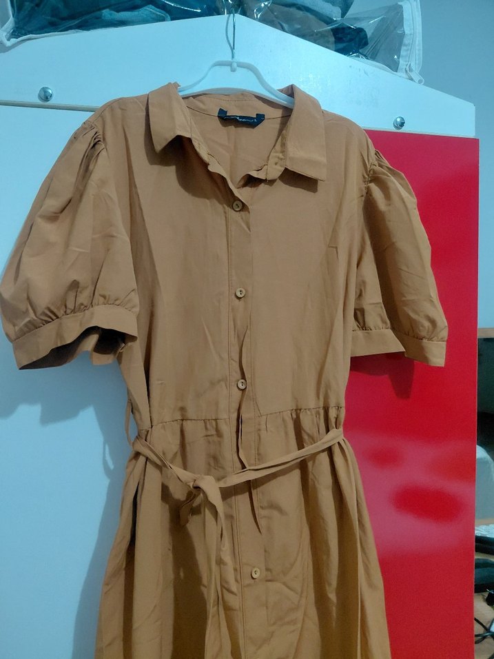 Düğmeli Bej Midi Rahat Elbise - Görsel 2