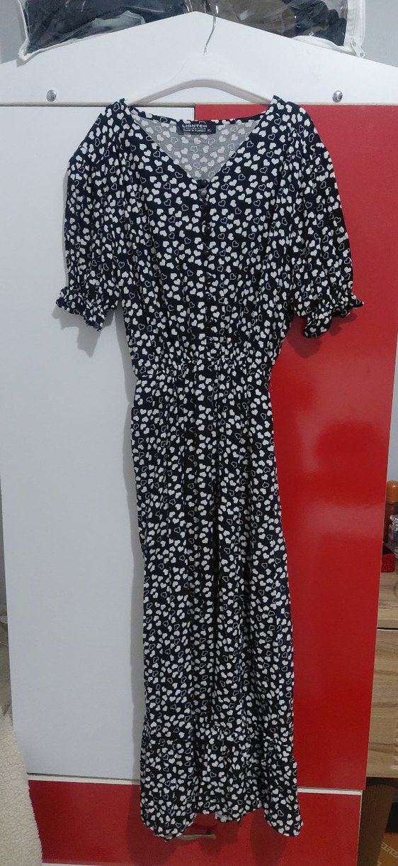 Siyah Beyaz V Yaka Uzun Elbise - Görsel 2