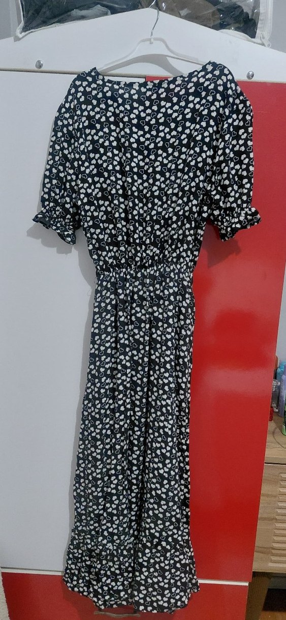 Siyah Beyaz V Yaka Uzun Elbise - Görsel 5