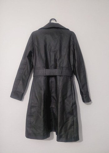 Kadın Siyah Deri Kemerli Uzun Ceket - Görsel 5