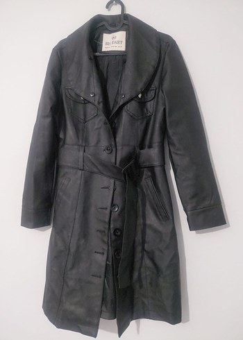 Kadın Siyah Deri Kemerli Uzun Ceket - Görsel 2