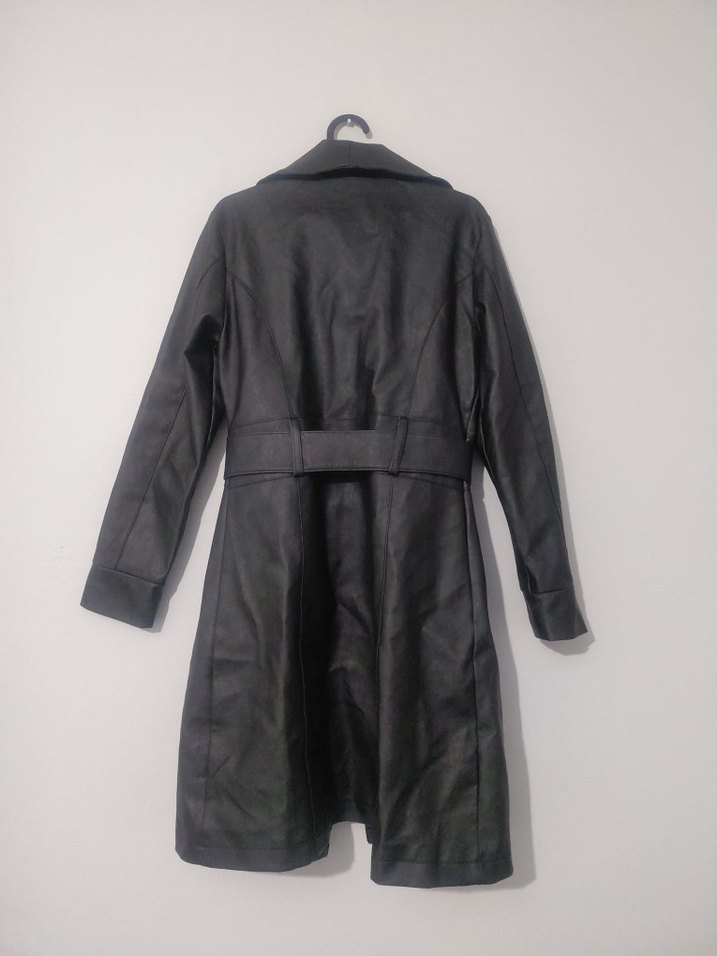 Kadın Siyah Deri Kemerli Uzun Ceket - Görsel 5