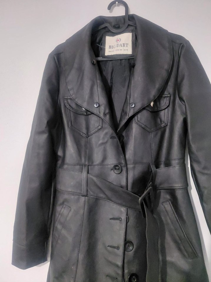 Kadın Siyah Deri Kemerli Uzun Ceket - Görsel 3