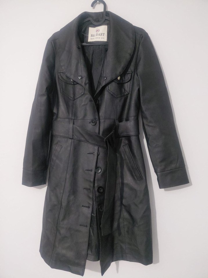 Kadın Siyah Deri Kemerli Uzun Ceket - Görsel 2