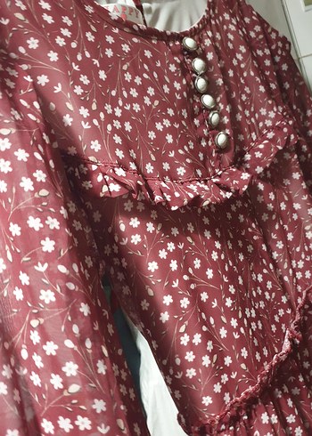 yazlık Bordo Renk Uzun Kollu Bohem Uzun Elbise - Görsel 6