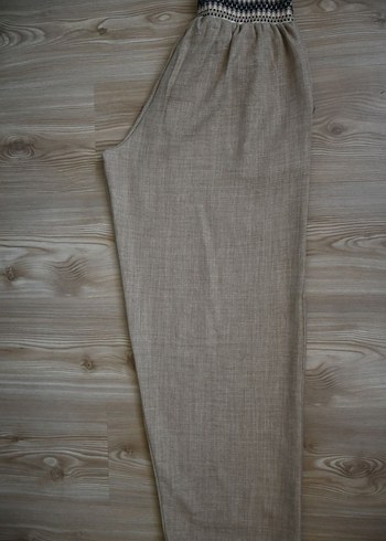 3 XL/ Bej Kadın Keten Pantolon Pilili