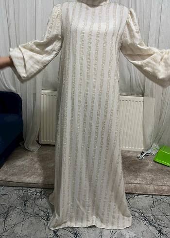 Nakışlı Beyaz Uzun Keten Elbise - Görsel 2