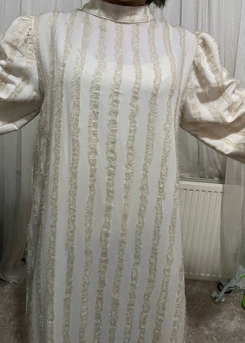 Nakışlı Beyaz Uzun Keten Elbise - Görsel 5