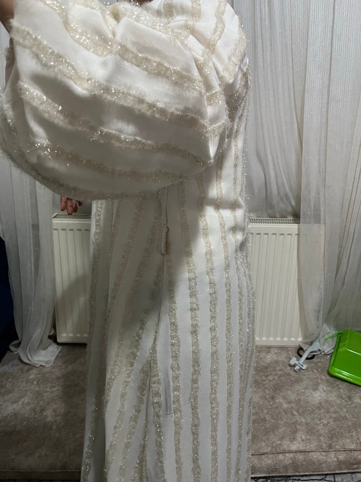 Nakışlı Beyaz Uzun Keten Elbise - Görsel 3