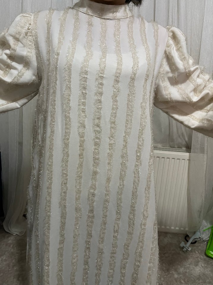 Nakışlı Beyaz Uzun Keten Elbise - Görsel 5