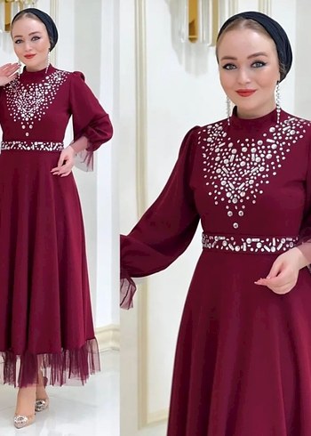 Boncuk İşlemeli Bordo Uzun Abiye Elbise
