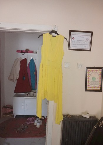 Sarı Kolsuz Midi Keten Elbise - Görsel 6