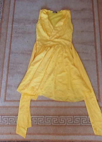 Sarı Kolsuz Midi Keten Elbise - Görsel 8