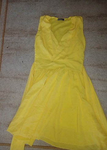 Sarı Kolsuz Midi Keten Elbise - Görsel 5