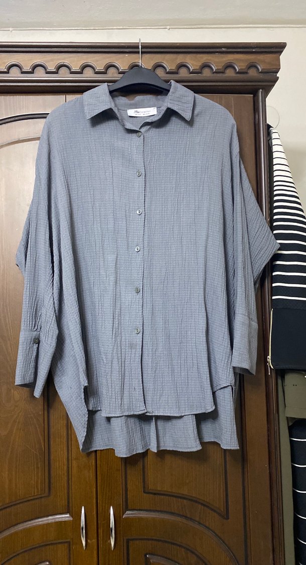 Gri Kadın Keten Düğmeli Gömlek - Görsel 2