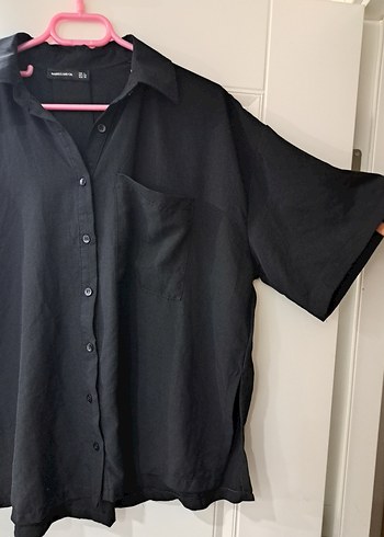 Diğer Oversize Düğmeli Siyah Kısa Kollu Gömlek
