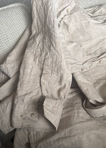 Düğmeli Bej Keten erkek Gömlek - Görsel 3