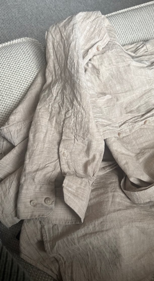 Düğmeli Bej Keten erkek Gömlek - Görsel 3