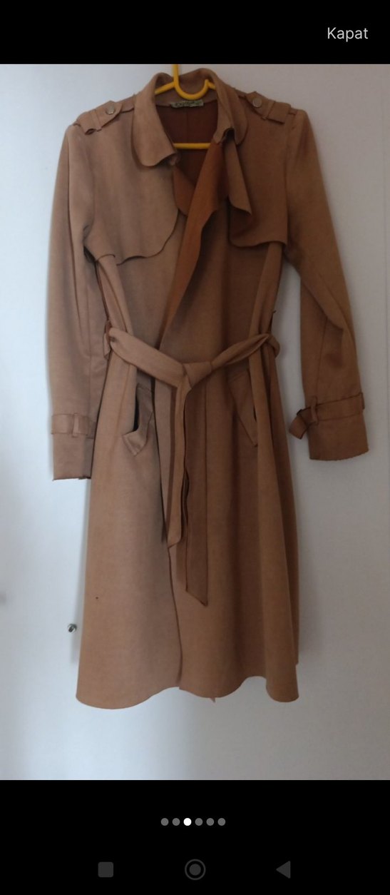 Bej Kadın Süet Kuşaklı Uzun Trençkot - Görsel 4