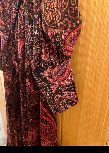 xs Beden bordo Renk Mango Bordo V Yaka Şal Desen Elbise