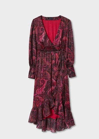 xs Beden Mango Bordo V Yaka Şal Desen Elbise