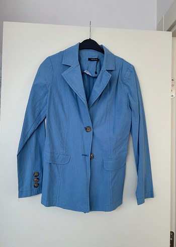 Düğmeli Mavi Keten Kadın Blazer Ceket