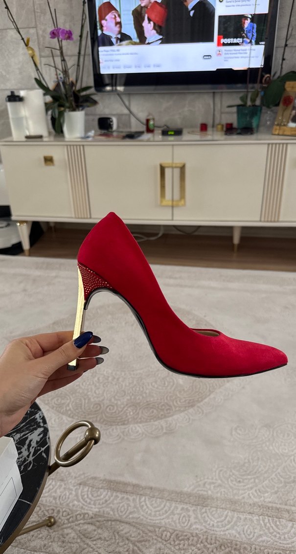 Klasik Kırmızı Süet Topuklu Stiletto - Görsel 5