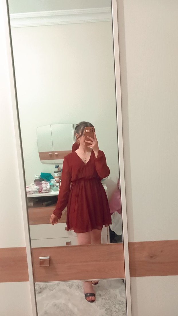 Kırmızı V Yaka Mini Elbise - Görsel 2