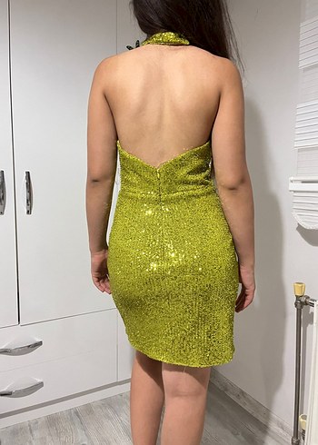 Parlak fıstık yeşili Mini Payetli Abiye Elbise - Görsel 4
