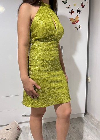 Parlak fıstık yeşili Mini Payetli Abiye Elbise - Görsel 5