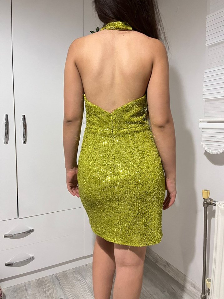 Parlak fıstık yeşili Mini Payetli Abiye Elbise - Görsel 4