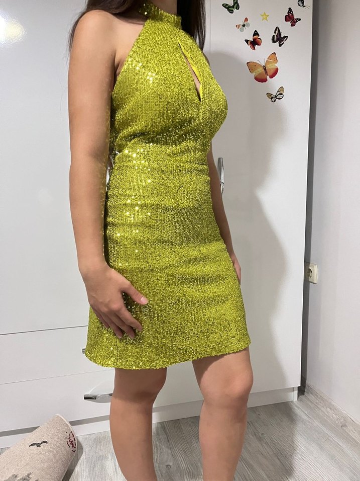 Parlak fıstık yeşili Mini Payetli Abiye Elbise - Görsel 5