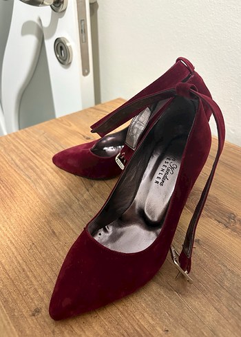 Bordo Süet Tokalı Yüksek Topuklu Kadın Stiletto - Görsel 2